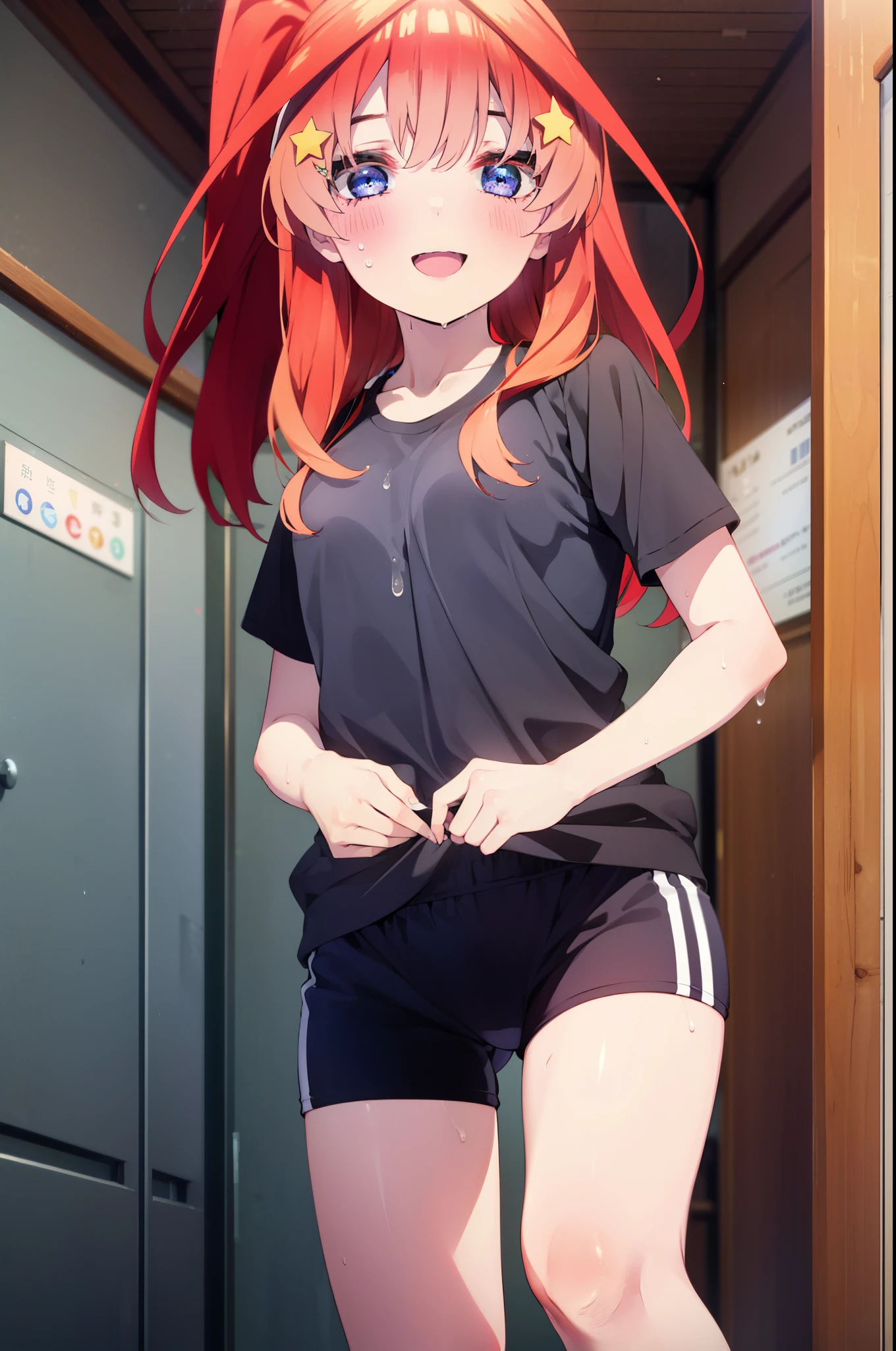 1 long hair、Girl with loose white t-shirt and black sport shorts,1 girl is taking to lavatory,looks away,are standing,embarressed,Be red in the face,Keep one's mouth shut,street corner(girl is peeing self:0.4)