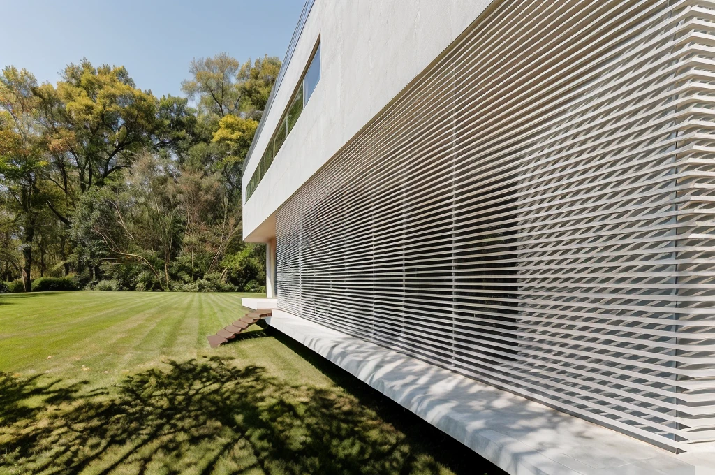 exterior architec ture, Lecorbusier style, white house , plant around the building, sky, trees, the building in forest, surrounded by green grass hills, All pictures are real, 100% real pictures, high quality, clear pictures , hyper realistic, depth of field , modern architecture, minimal architecture , futuristic architecture