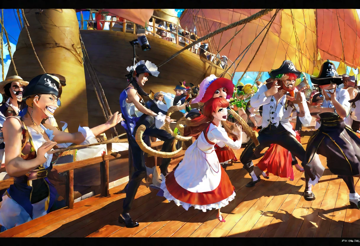 1random crew member, maid outfit, drag fashion, straw hat pirates, one piece anime, posing on ship deck, comedic, exaggerated expressions, vibrant colors, highly detailed, masterpiece, photorealistic, 8k, volumetric lighting, dramatic camera angle male contestants ham it up and flirt with the crowd. The crowd of pirates laugh and jeer.