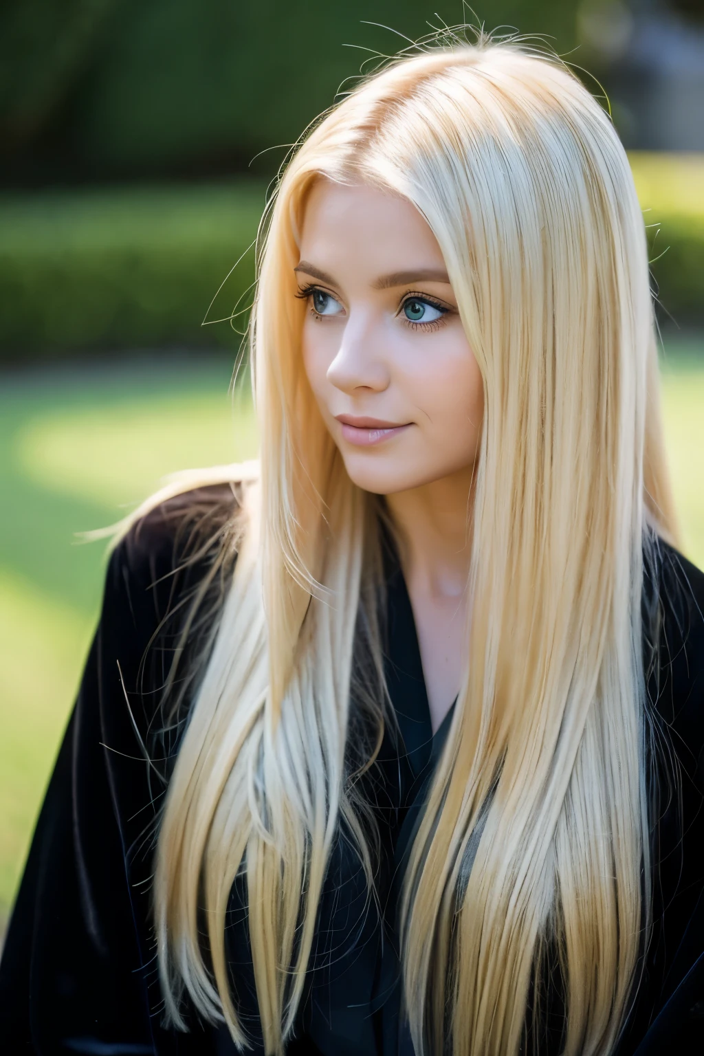 Blonde hair, long hair, hazel eyes. Female. Wearing a black robe 