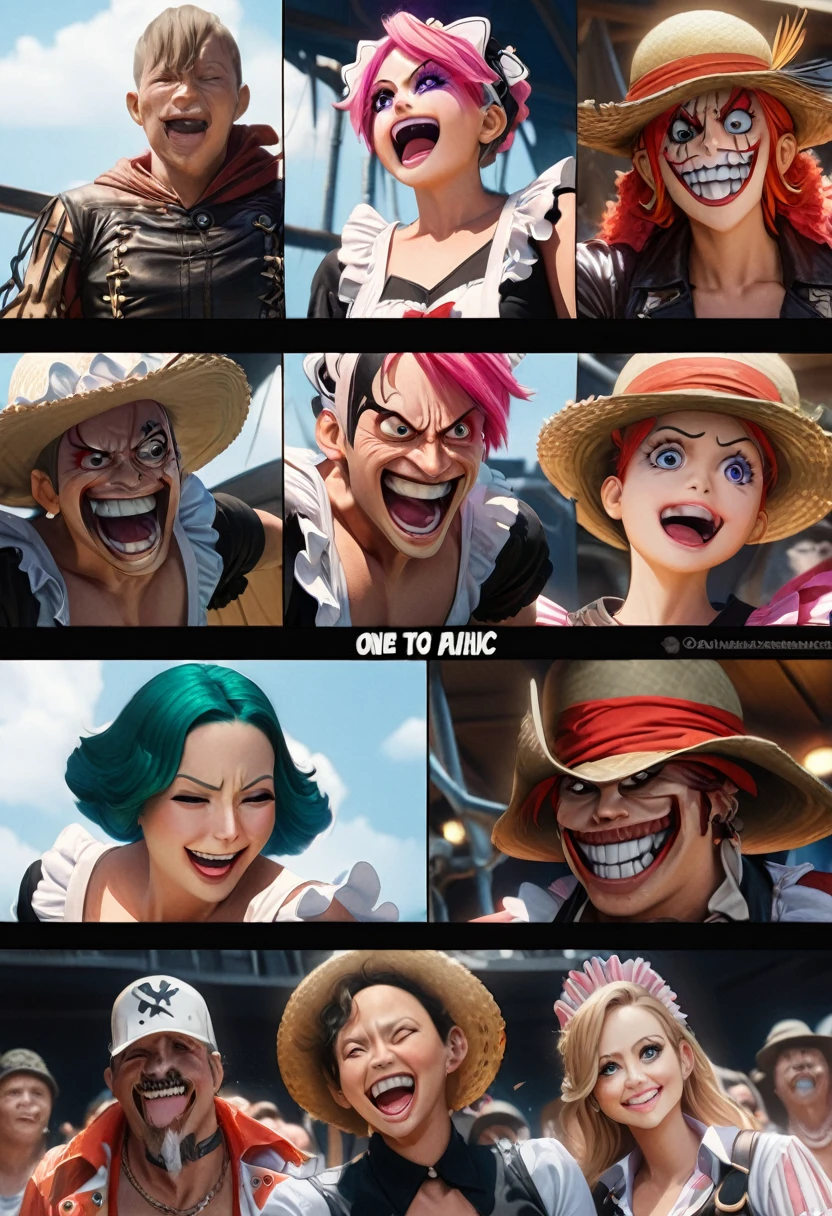 1random crew member, maid outfit, drag fashion, straw hat pirates, one piece anime, posing on ship deck, comedic, exaggerated expressions, vibrant colors, highly detailed, masterpiece, photorealistic, 8k, volumetric lighting, dramatic camera angle male contestants ham it up and flirt with the crowd. The crowd of pirates laugh and jeer.