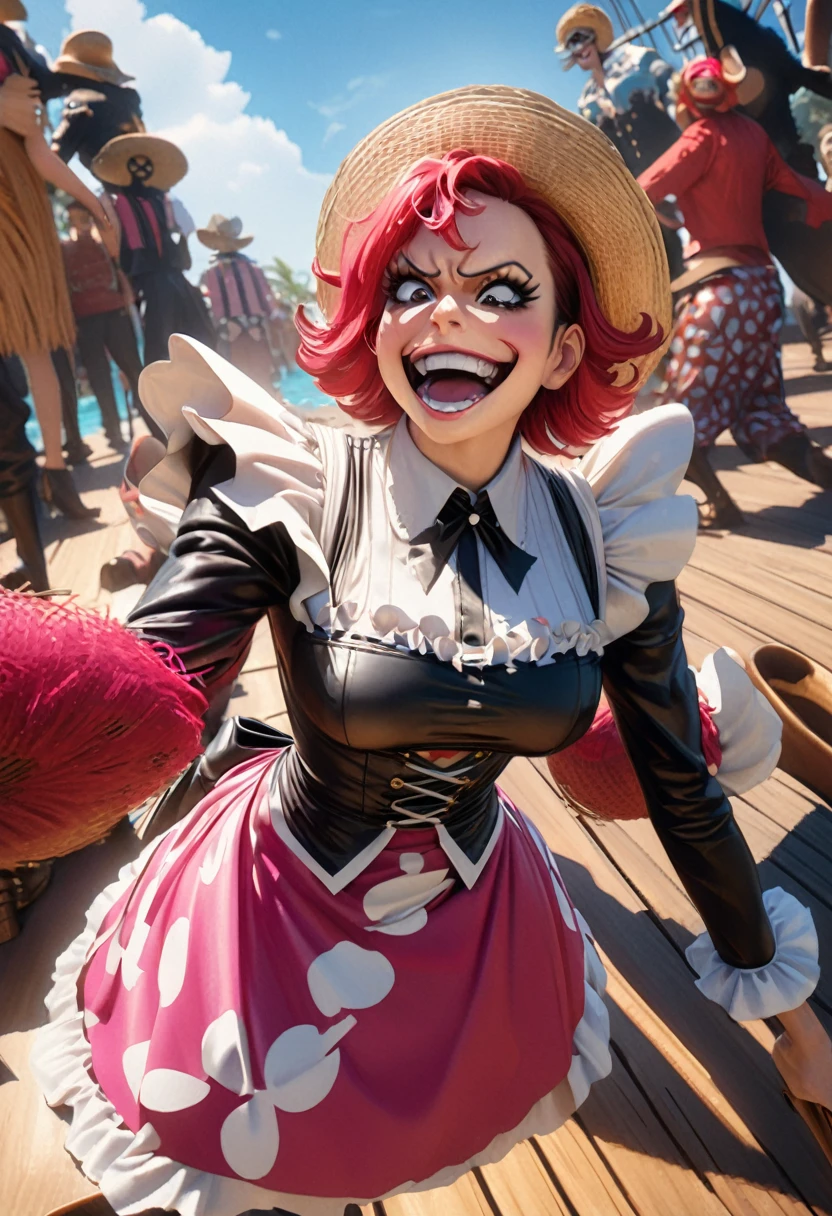 1random crew member, maid outfit, drag fashion, straw hat pirates, one piece anime, posing on ship deck, comedic, exaggerated expressions, vibrant colors, highly detailed, masterpiece, photorealistic, 8k, volumetric lighting, dramatic camera angle male contestants ham it up and flirt with the crowd. The crowd of pirates laugh and jeer.
