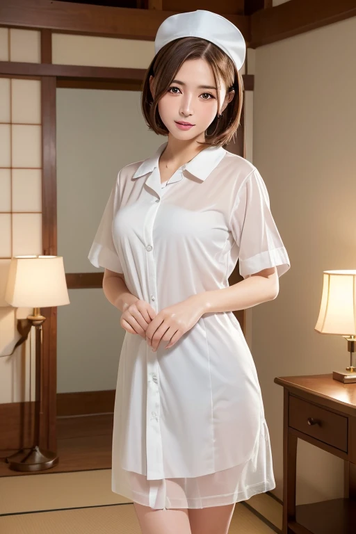 (highest quality、8k、32k、masterpiece、Ultra-high resolution:1.2)、Cute Japanese Women Photos、1 girl、(Medium short dark brown hair)、(Small Tits)、double eyelid、White nurse uniform、Little White Nurse (cap) 、Full Body Lesbian、Sexy、open clothes、undressing、changing clothes、see-through、sheer