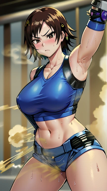  Asuka kazama, Tekken, wearing default outfit, wearing a low cut croptop, wearing croptop, croptop, golden raito, (winking), shirobako, large)}], favorite scene, fine details. anime. skins, sweating, big breasts, dripping with sweat, farting, massive fart, yellow smoke rising, leaning