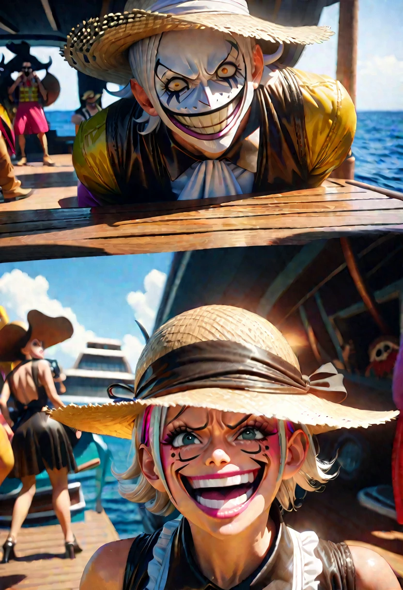 1random crew member, maid outfit, drag fashion, straw hat pirates, one piece anime, posing on ship deck, comedic, exaggerated expressions, vibrant colors, highly detailed, masterpiece, photorealistic, 8k, volumetric lighting, dramatic camera angle male contestants ham it up and flirt with the crowd. The crowd of pirates laugh and jeer.