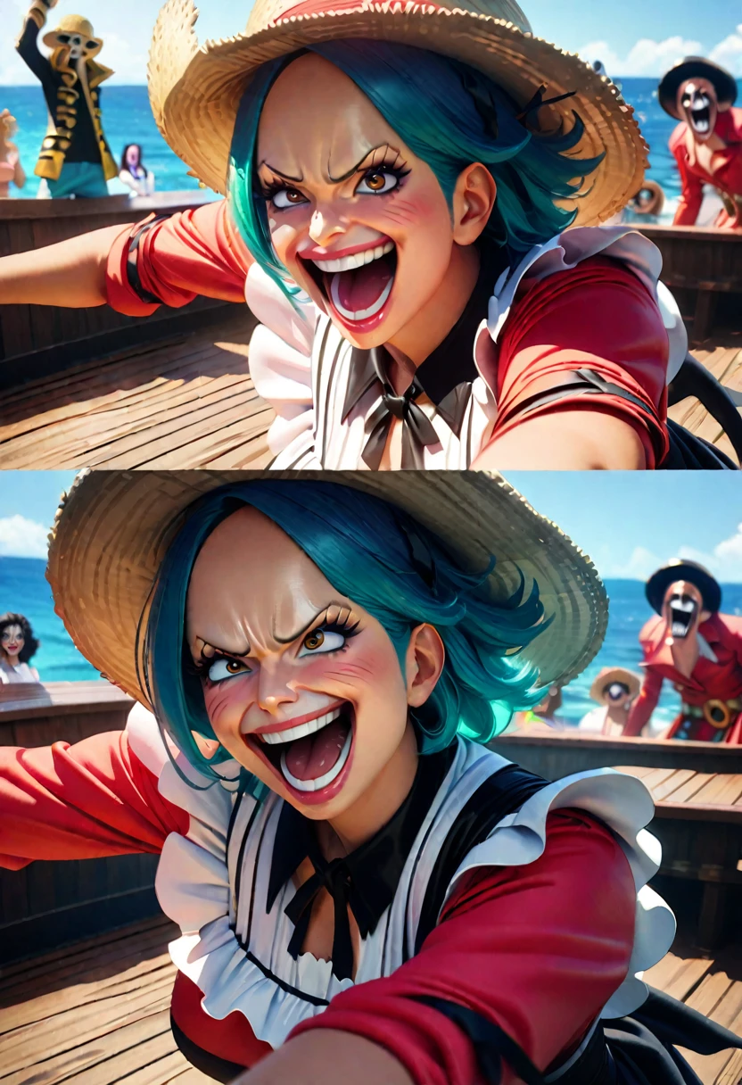 1random crew member, maid outfit, drag fashion, straw hat pirates, one piece anime, posing on ship deck, comedic, exaggerated expressions, vibrant colors, highly detailed, masterpiece, photorealistic, 8k, volumetric lighting, dramatic camera angle male contestants ham it up and flirt with the crowd. The crowd of pirates laugh and jeer.
