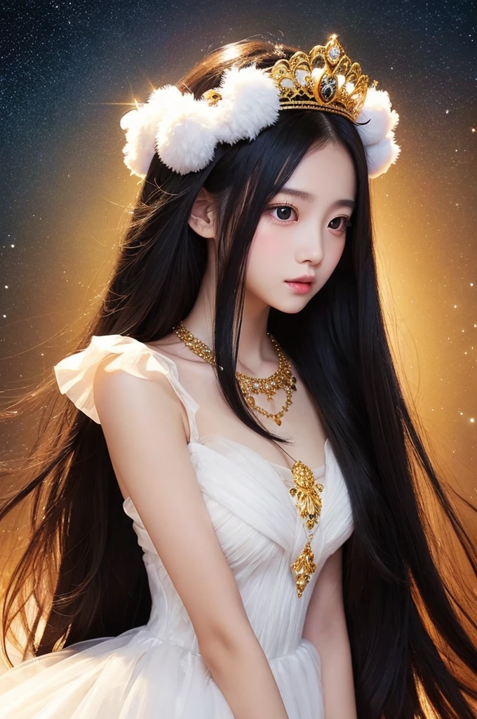 Straight long black hair、A beautiful girl like a goddess、White fluffy dress、Tiara on head、Gorgeous golden necklace、Space-like background