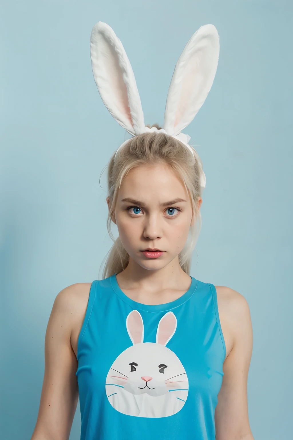 White bunny, angry face, blue background