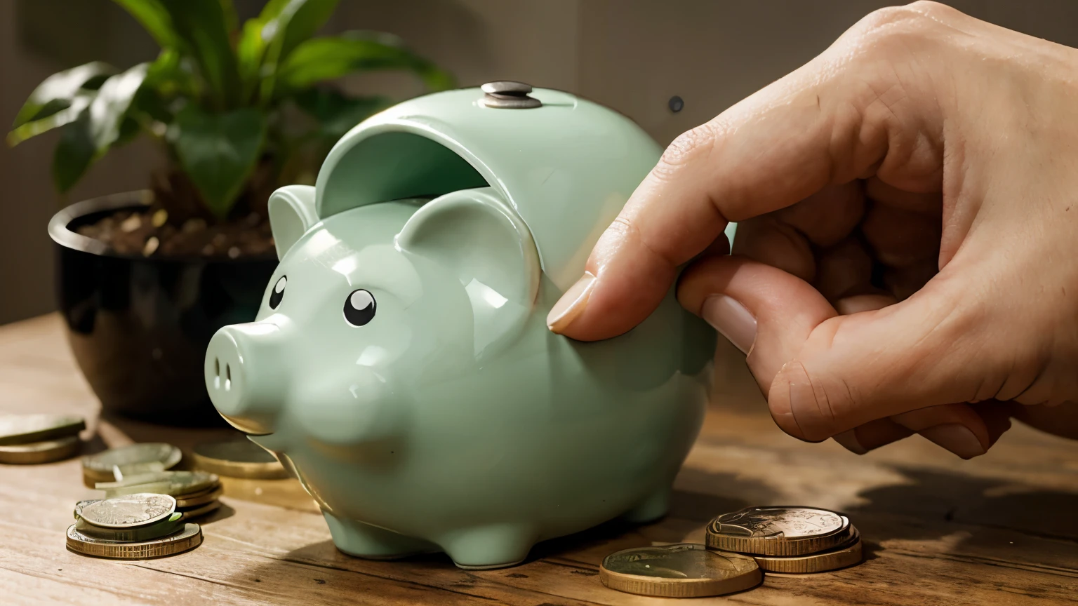 A green plant growing from a piggy bank full of coins, depicts savings that generate growth