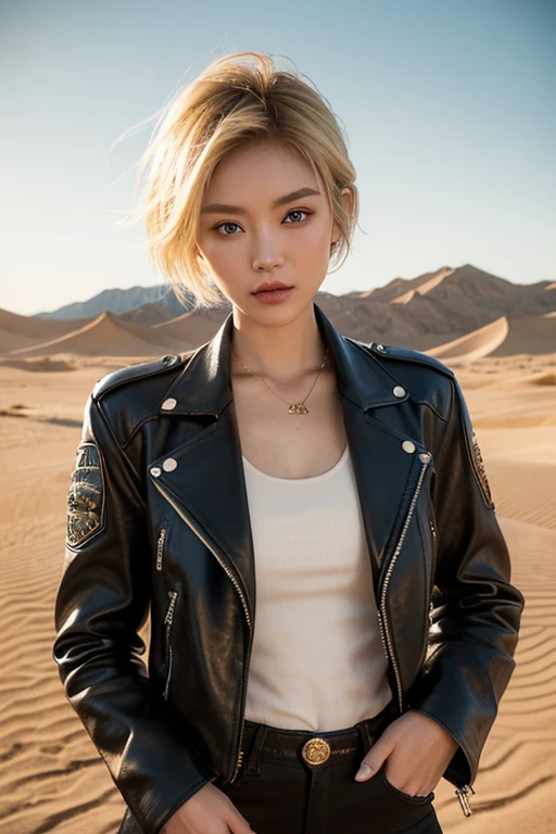 best quality,height,very detailed,realistic,gorgeous korean woman Short blonde hair and blue eyes.,Beautifully detailed eyes,detailed lips,Member of a biker gang,Tattoos all over her body,Ride a powerful black motorcycle in the vast and arid desert..,Leather jacket with gang logo and skull print..,A black helmet with a ferocious dragon pattern..,A fierce and confident expression,The strong sun casts stunning shadows on the sand..,A dusty wind blew her hair and jacket..,Desert landscape with sand dunes and distant mountains..,bright colors,warm, muted colors,Golden sunlight filters through the dust in the air...