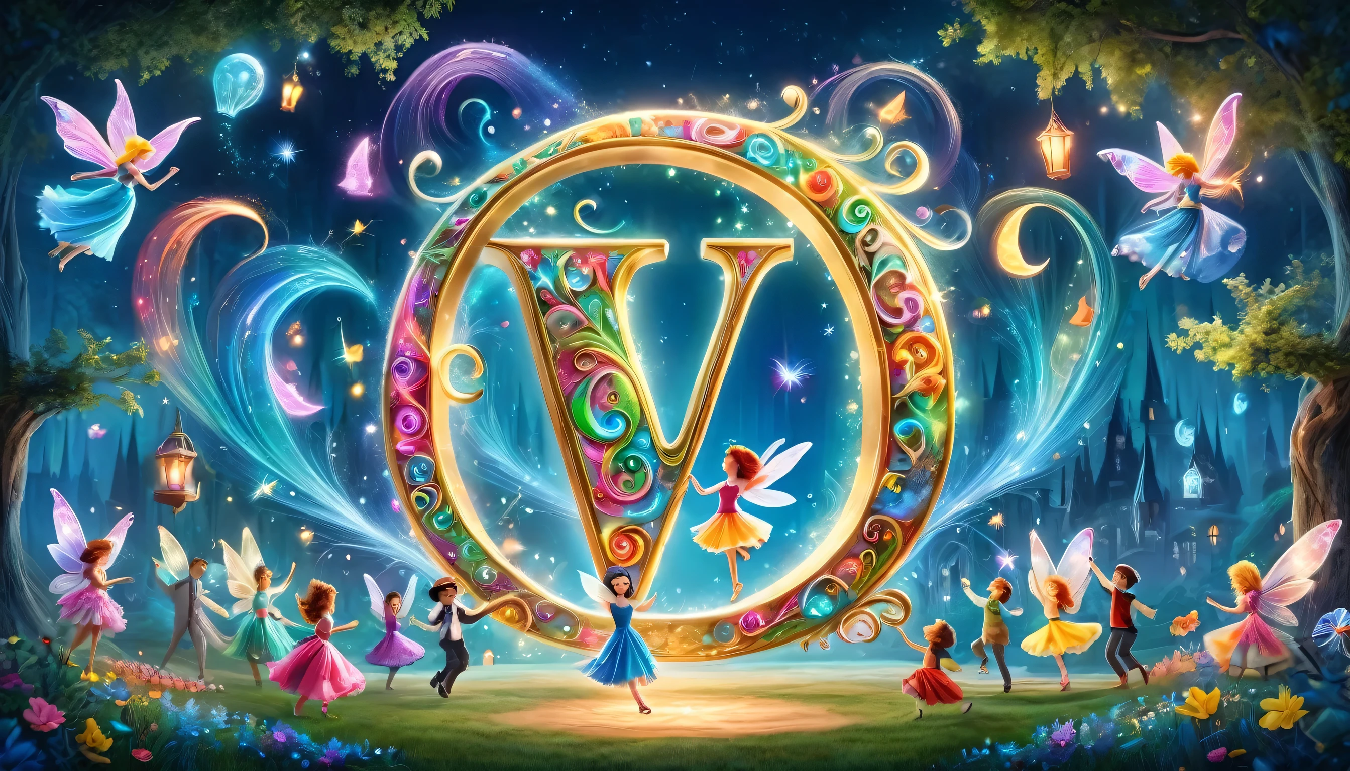 Create a fantastical and captivating background scene bursting with color and enchantment, perfect for kids. Show vibrant, imaginative characters where each letter of the alphabet comes to life with its own magical personality. Picture letters dancing, singing, and telling stories in a whimsical, fairy-tale setting. Let this playful and mesmerizing world invite children to join the melody of the letters, making each one a delightful story that sparks their imagination and wonder.