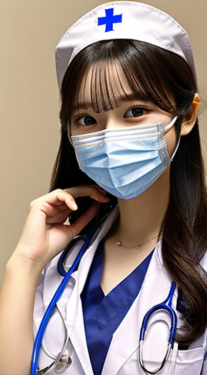 a girl dressed as a nurse,beautiful detailed eyes,beautiful detailed lips,extremely detailed face,detailed mask,kind and caring expression,white uniform,blue cross symbol,medical cap,holding a stethoscope and a clipboard,medium:oil painting,ultra-detailed,best quality,realistic colors,soft lighting