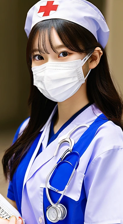 a girl dressed as a nurse,beautiful detailed eyes,beautiful detailed lips,extremely detailed face,detailed mask,kind and caring expression,white uniform,blue cross symbol,medical cap,holding a stethoscope and a clipboard,medium:oil painting,ultra-detailed,best quality,realistic colors,soft lighting