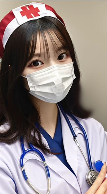 a girl dressed as a nurse,beautiful detailed eyes,beautiful detailed lips,extremely detailed face,detailed mask,kind and caring expression,white uniform,blue cross symbol,medical cap,holding a stethoscope and a clipboard,medium:oil painting,ultra-detailed,best quality,realistic colors,soft lighting