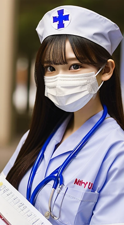 a girl dressed as a nurse,beautiful detailed eyes,beautiful detailed lips,extremely detailed face,detailed mask,kind and caring expression,white uniform,blue cross symbol,medical cap,holding a stethoscope and a clipboard,medium:oil painting,ultra-detailed,best quality,realistic colors,soft lighting