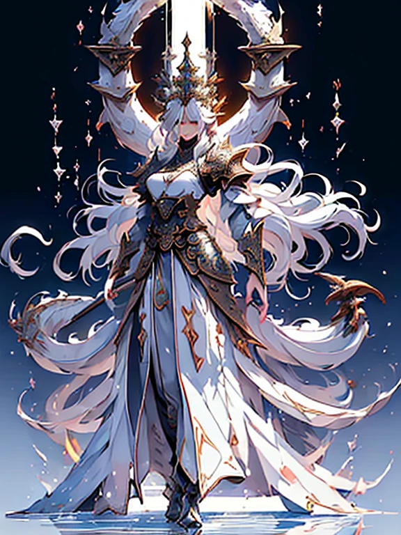 (((masterpiece, best quality, 8k)))Design a layout showcase Fantasy character, (1girl), ((mounted on a dragon)). Beautiful armor, wielding a spear, long white hair, wearing a tiara. ((detailed dragon:1.4)), white dragon, full of intricate details. (masterpiece:1.3), (best quality), 4k, ultra-detailed. (Dynamic pose, heroic stance:1.5), (dramatic lighting, atmospheric lighting). warrior, ((tiara:1.2)), (((long white hair:1.4))), spear, (((full_body_shot:1.5))). In a mystical landscape, high in the sky, with clouds and sunlight.