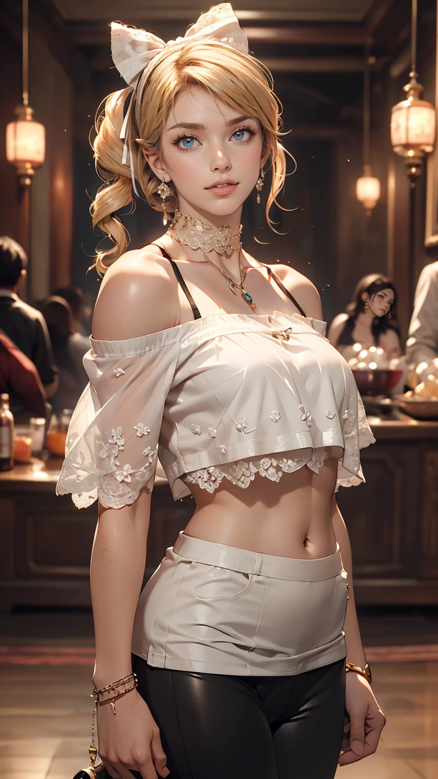 (8K, RAW Photos, highest quality, masterpiece:1.2), (Realistic, photo-Realistic:1.37)、Fashion model body type、Having her hair done、My chest is popping out、Wear accessories on your wrist、Wearing accessories on the ankle、Background blur((depth of field)、smile、White woman、Platinum Blonde、blue eyes、Vertical roll on one side((side drill))、Wear a lace-embellished off-the-shoulder top、Lower milk visible、I can see my belly button、Wear low rise leggings、Wear mules、smile、hair band((hair ribbon))、Wear a lace choker
