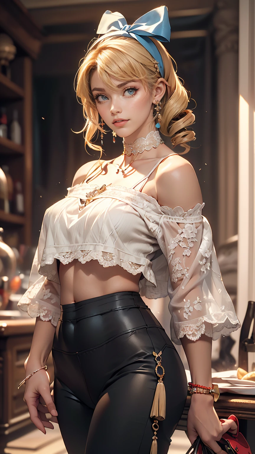 (8K, RAW Photos, highest quality, masterpiece:1.2), (Realistic, photo-Realistic:1.37)、Fashion model body type、Having her hair done、My chest is popping out、Wear accessories on your wrist、Wearing accessories on the ankle、Background blur((depth of field)、smile、White woman、Platinum Blonde、blue eyes、Vertical roll on one side((side drill))、Wear a lace-embellished off-the-shoulder top、Lower milk visible、I can see my belly button、Wear low rise leggings、Wear mules、smile、hair band((hair ribbon))、Wear a lace choker
