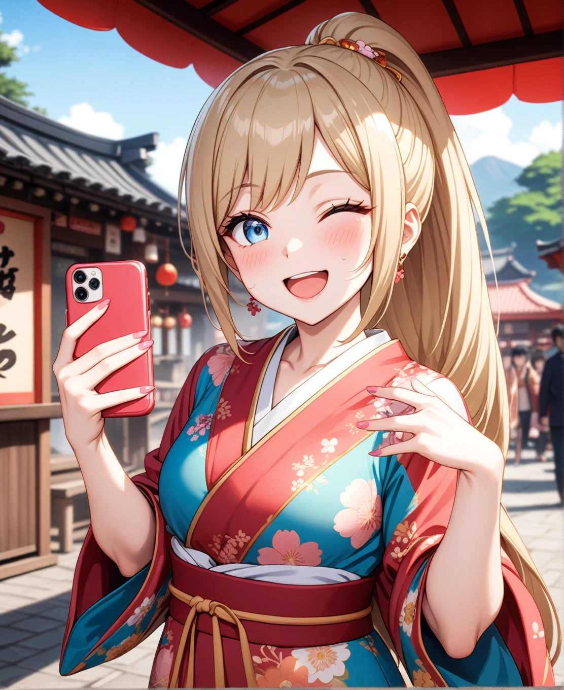 ((One woman)), Beautiful Face,Laughing embarrassedly,((Wink:1.7)),Laugh with a big mouth,(Taking a selfie with your boyfriend using your smartphone),Become bright red,Sweat on the face,Glossy pink lips,Daytime,Shrine festival stalls, ((Anime style background)),masterpiece, highest quality, so beautiful, up to date, Complex details, (Pink long nails),AI-generated, Complex,High resolution, highest quality, super high quality,3D Images、View the viewers、3D Images,one person,Long Blonde Hair,High Ponytail,blue eyes,Anime woman posing for a photo, [[Fine grain、Colorful eyes、Shining Eyes:1.15]],(Squint your eyes:1.1),a hyperRealistic , hyperRealistic , Realistic,Blonde anime woman with long hair, Smooth anime CG art, A woman in a gold embroidered kimono, (luxurious yellow kimono),Pink floral pattern,Long flower hair ornament,Big earrings,(Large Breasts:1.2),Mature Body,tall,Big Ass,Fine details,Narrow waist,Six-pack,Photographed from diagonally above,looking at the camera