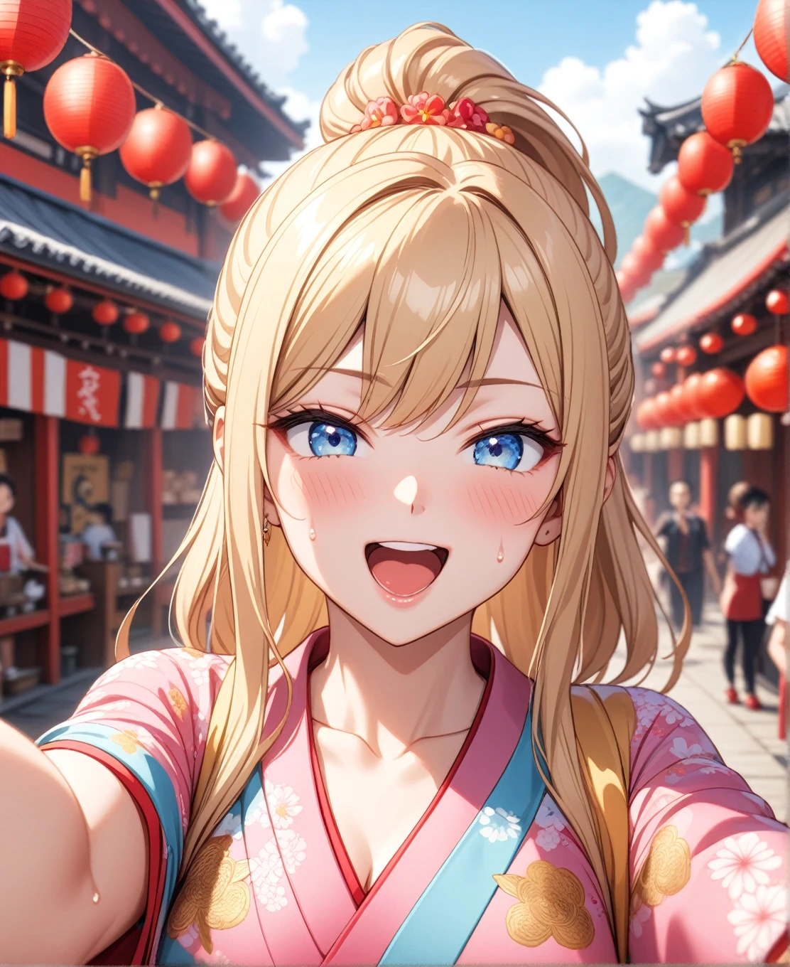 ((One woman)), Beautiful Face,Laughing embarrassedly,((Wink:1.6)),Laugh with a big mouth,(Take a selfie),Become bright red,Sweat on the face,Glossy pink lips,Daytime,Shrine festival stalls, ((Anime style background)),masterpiece, highest quality, so beautiful, up to date, Complex details, (Pink long nails),AI-generated, Complex,High resolution, highest quality, super high quality,3D Images、View the viewers、3D Images,one person,Long Blonde Hair,High Ponytail,blue eyes,Anime woman posing for a photo, [[Fine grain、Colorful eyes、Shining Eyes:1.15]],(Squint your eyes:1.1),a hyperRealistic , hyperRealistic , Realistic,Blonde anime woman with long hair, Smooth anime CG art, A woman in a colorful kimono with gold embroidery, (Yellow kimono),Pink floral pattern,Long flower hair ornament,Big earrings,(Large Breasts:1.2),A valley covered with kimono,Mature Body,tall,Big Ass,Fine details,Narrow waist,Six-pack,Photographed from diagonally above,looking at the camera