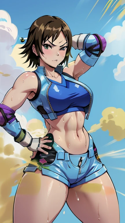  Asuka kazama, Tekken, wearing default outfit, wearing a low cut croptop, wearing croptop, croptop, (winking), shirobako, large)}], fine details. anime. skins, sweating, big breasts, farting, massive fart, yellow smoke rising, leaning