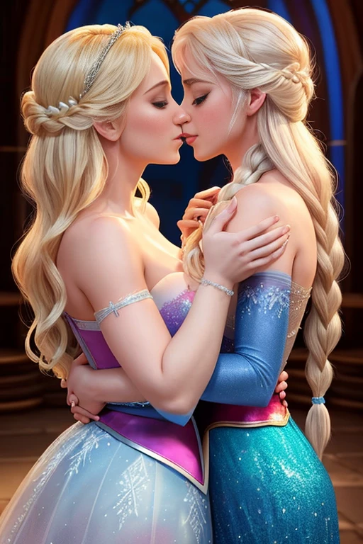 "Enter a world of fantasy and pleasure as Elsa and Anna indulge in a steamy encounter, their bodies entangled in a passionate embrace, their lips locked in a fiery kiss."