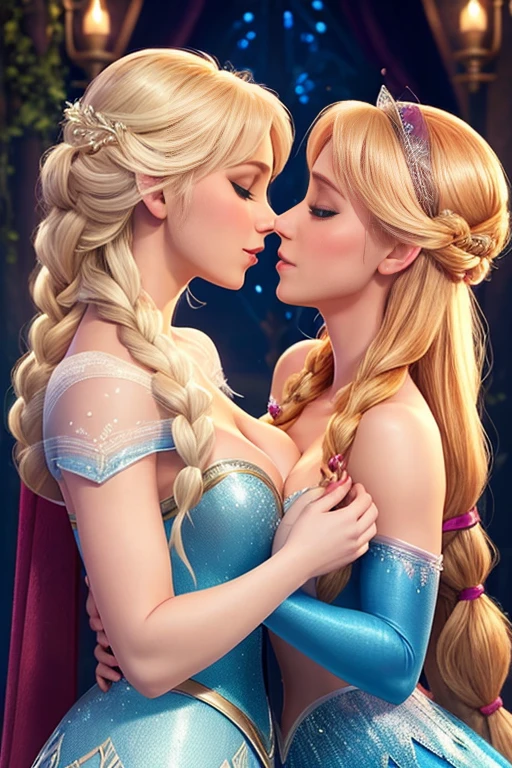 "Enter a world of fantasy and pleasure as Elsa and Anna indulge in a steamy encounter, their bodies entangled in a passionate embrace, their lips locked in a fiery kiss."