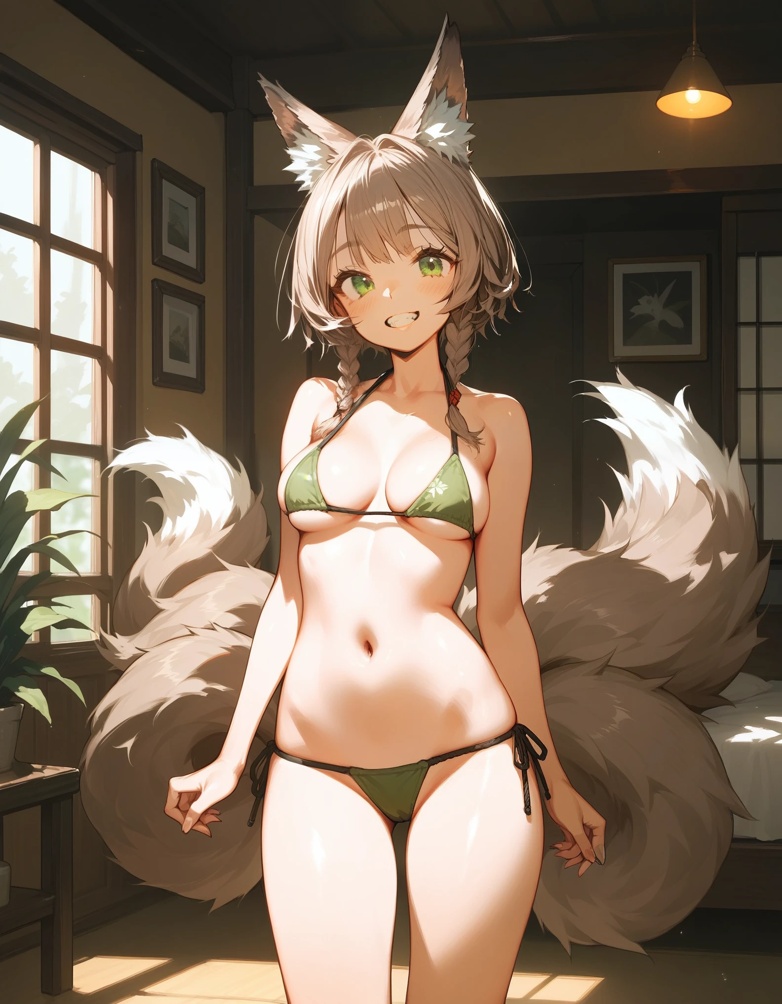Solo, score_9,score_8_up,score_7_up, source_cartoon, source_furry, a kitsune girl, green eyes, short light brown hair, brown fox ears, canine teeth, she has 6 fox tails, wearing bikini, indoors, standing