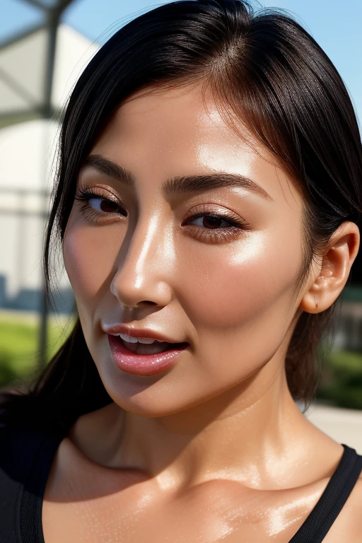 Beautiful Japanese,1 girl(masterpiece:1.2, highest quality), (Realistic, photoRealistic:1.4),, Keep your eyes focused, Nose and mouth,Face Focus, Extreme close up of face、 Age 35,Black Hair、Symmetrical face,Realistic nostrils、Angle from below、Elongated C-shaped nostrils(Sharp Nose)Sweatをかいた肌、Shiny skin,((Brow wrinkles)))(On the tongue)、Deep Kiss、((Thin eyebrows))Oily skin、Glowing Skin、double eyelid、Beautiful woman、Medium Hair,Wide-eyed,、Shortcuts((Half-closed eyes, Frowning, Frowning, Frowningをする))((Oily skin,Sweat))((Shiny skin)((Sweatをかいた肌))(((Licking lips)))
