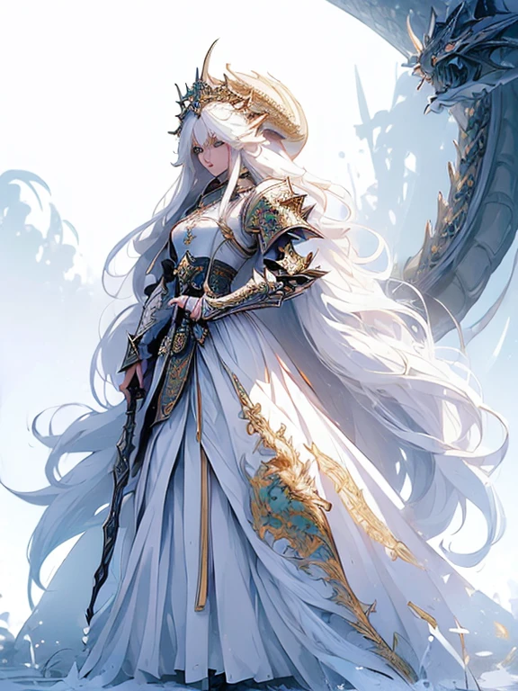 (((masterpiece, best quality, 8k)))Design a layout showcase Fantasy character, (1girl), ((mounted on a dragon)). Beautiful armor, wielding a spear, long white hair, wearing a tiara. ((detailed dragon:1.4)), white dragon, full of intricate details. (masterpiece:1.3), (best quality), 4k, ultra-detailed. (Dynamic pose, heroic stance:1.5), (dramatic lighting, atmospheric lighting). warrior, ((tiara:1.2)), (((long white hair:1.4))), spear, (((full_body_shot:1.5))). In a mystical landscape, high in the sky, with clouds and sunlight.