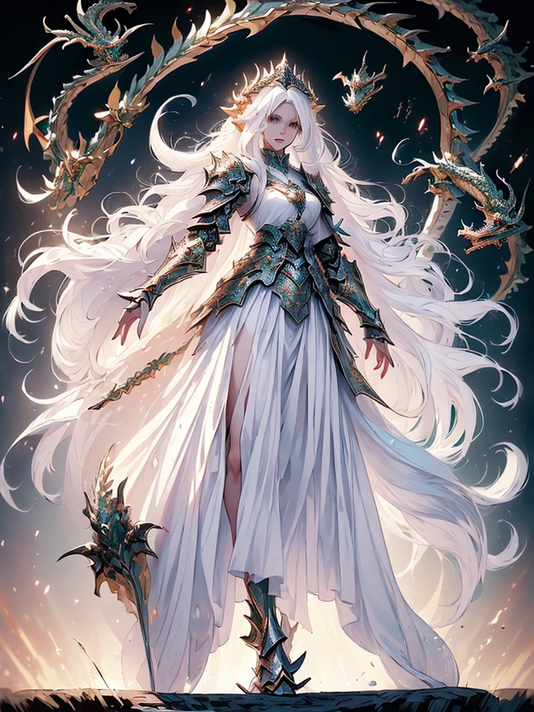 (((masterpiece, best quality, 8k)))Design a layout showcase Fantasy character, (1girl), ((mounted on a dragon)). Beautiful armor, wielding a spear, long white hair, wearing a tiara. ((detailed dragon:1.4)), white dragon, full of intricate details. (masterpiece:1.3), (best quality), 4k, ultra-detailed. (Dynamic pose, heroic stance:1.5), (dramatic lighting, atmospheric lighting). warrior, ((tiara:1.2)), (((long white hair:1.4))), spear, (((full_body_shot:1.5))). In a mystical landscape, high in the sky, with clouds and sunlight.