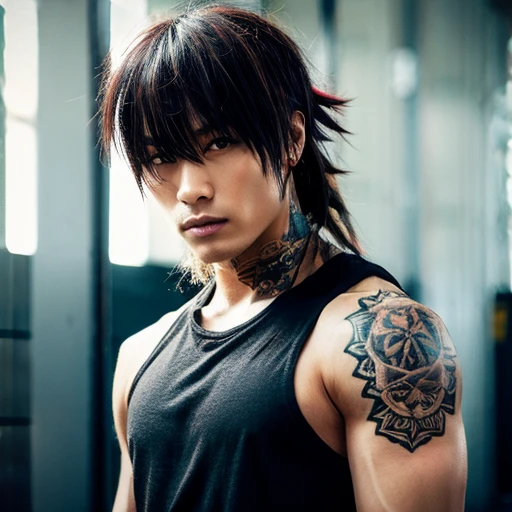 1 man, Japanese man, male, Asian eyes, muscular, broad shoulders, yakuza tattoos, hairstyle Visual Kei style, hair Visual Kei, black men's shirt and black pants, ultra detailed face, hyperrealistic, realistic representation, long hair, long hair, 30 years old, age 30 years, blond, blonde hair