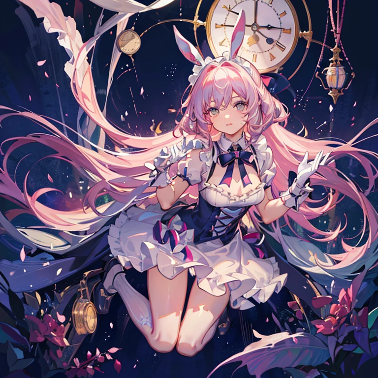 Super gorgeous, Shining Crystal, Cinema Lighting, Curly Hair, Roman Curl, Frills, Foggy, Alice in Wonderland, Bunny ears,clock,Fantasy,Dramatic composition, Extremely detailed, High resolution, Lace gloves, ribbon, floating, Floating, jump, Foggy, Starry sky, dream-like, Maid clothes,(((whole body)))

