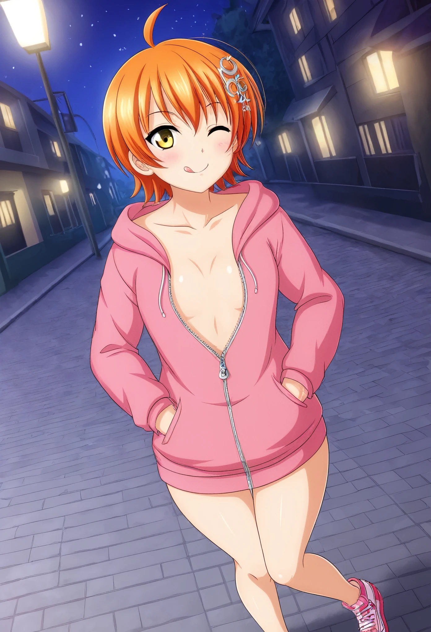 Masterpiece, best quality, Hoshizora rin, orange hair, yellow eyes,solo, looking_at_viewer, ;p,one eye closed,blush, short_hair, long_sleeves, collarbone, yellow_eyes, hair ornaments, hands in pocket, village street, hood, bare_legs, pink hoodie, standing, hood_down, zipper, naked_hoodie,thicc thighs, bottomless , shoes , night , exposed chest , tongue out 