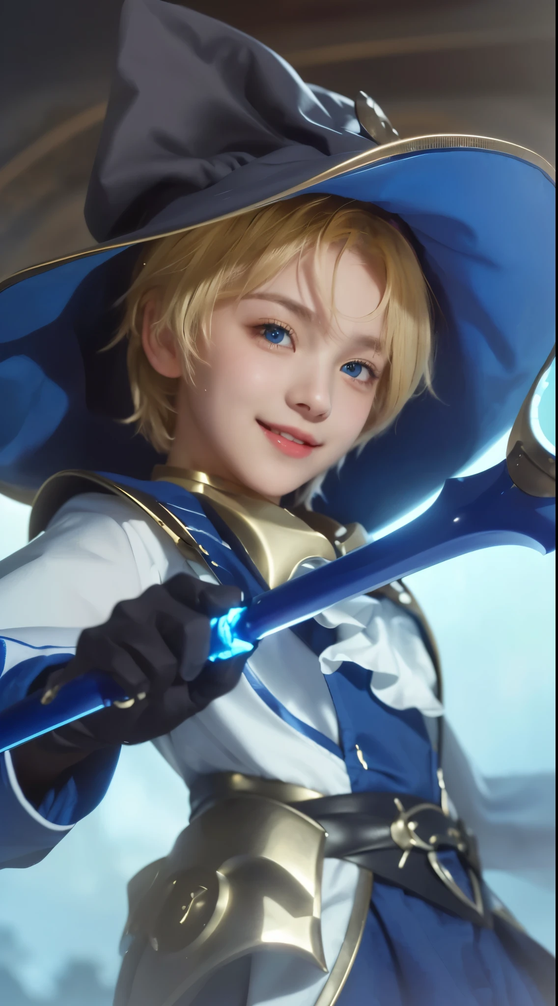 a closeup portrait of a young boy with short blonde hair, wearing a wizzard hat and holding a magic wand, detailed and crisp, blue eyes, fantasy rpg style, realistic, cinematic lighting, dramatic pose, masterpiece, 8k, hyperrealistic, photorealistic, smiling
