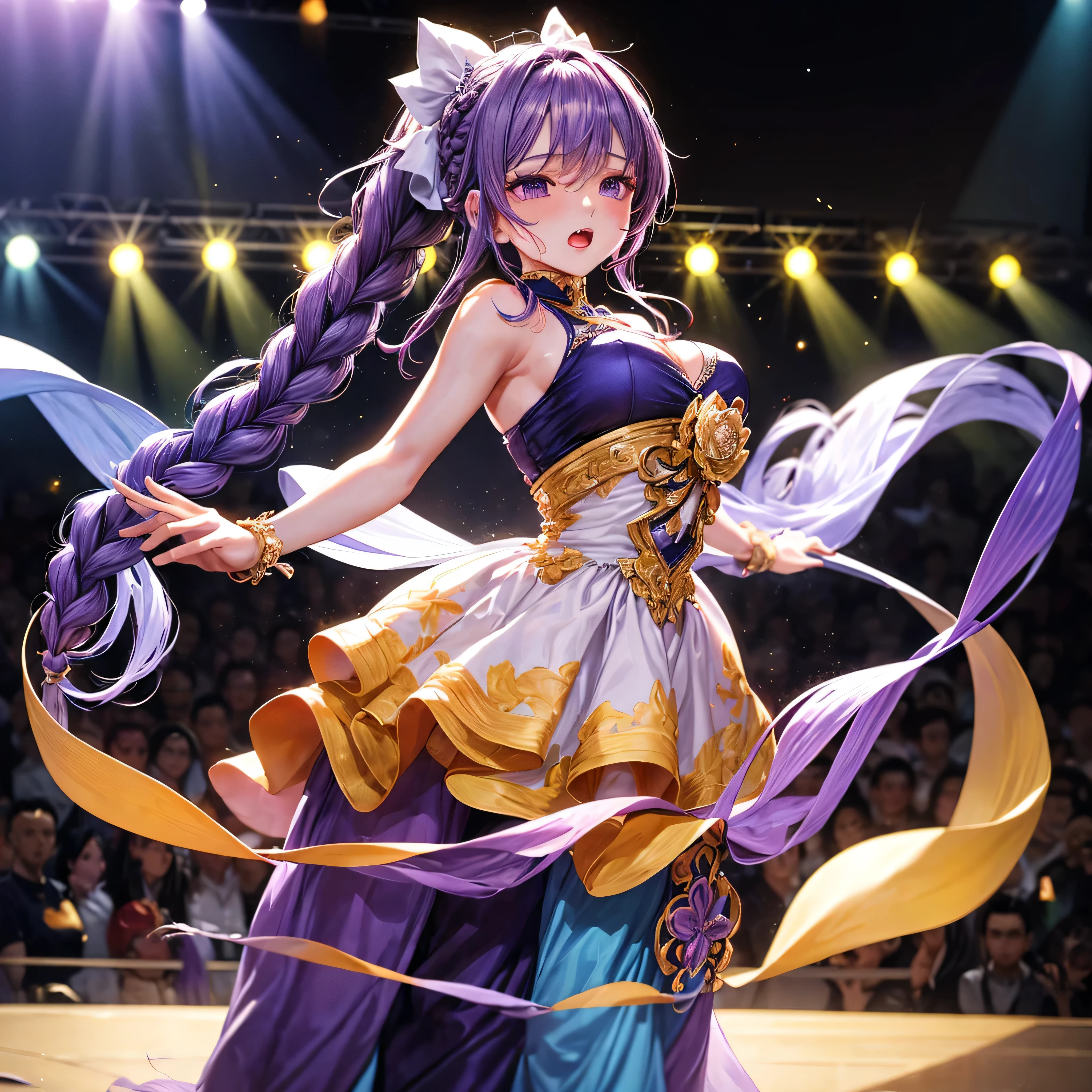 (Purple white gradient double braid long ponytail, cool, personalized, brave),Idols shine brightly on stage, interpreting the charm of music with their gorgeous costumes, elegant dance moves, and affectionate eyes, leading the audience to immerse themselves in a soul shaking performance. Brilliant, dazzling, stunning, passionate, full of vitality, dreamlike, gorgeous, dazzling, charming, colorful, lively, vibrant, captivating, visually grand, dynamic, passionate, and full of tension, passionate burning, and colorful,(masterpiece, best quality:1.2)