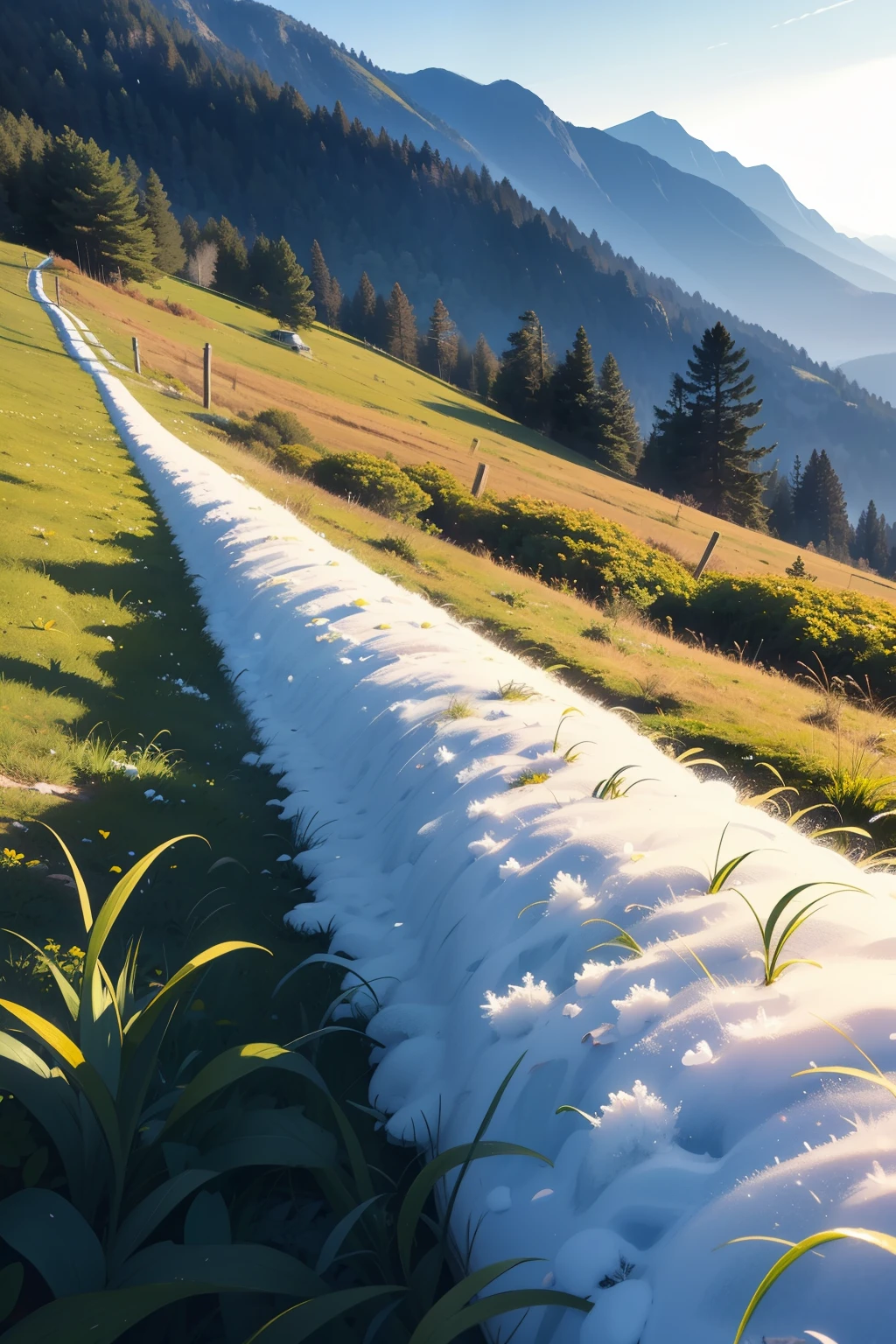 looking away up，Grass on the mountain，White frost on the grass，About an inch thick