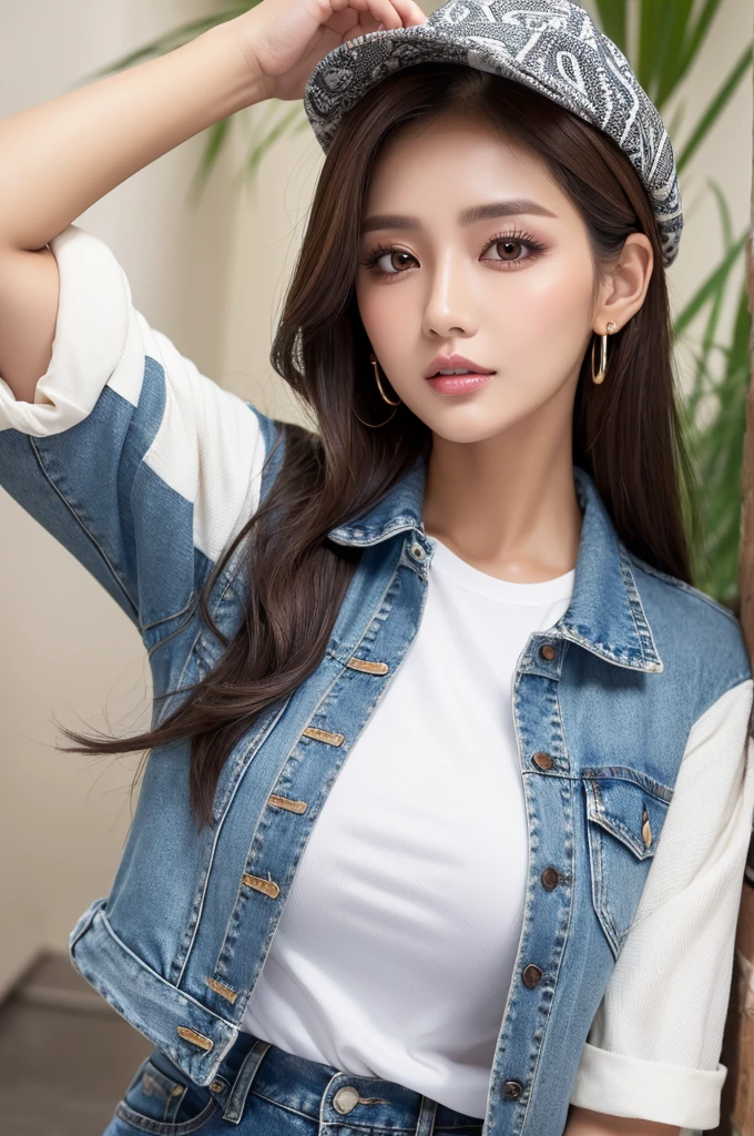 masterpiece,ultra detailed,black cap,patterned white shirt,denim short pants,(tanned skin),plump mature face,brown hair,(tareme:1.1),make-up,cotton shirt jacket,28 years old,seductive female,