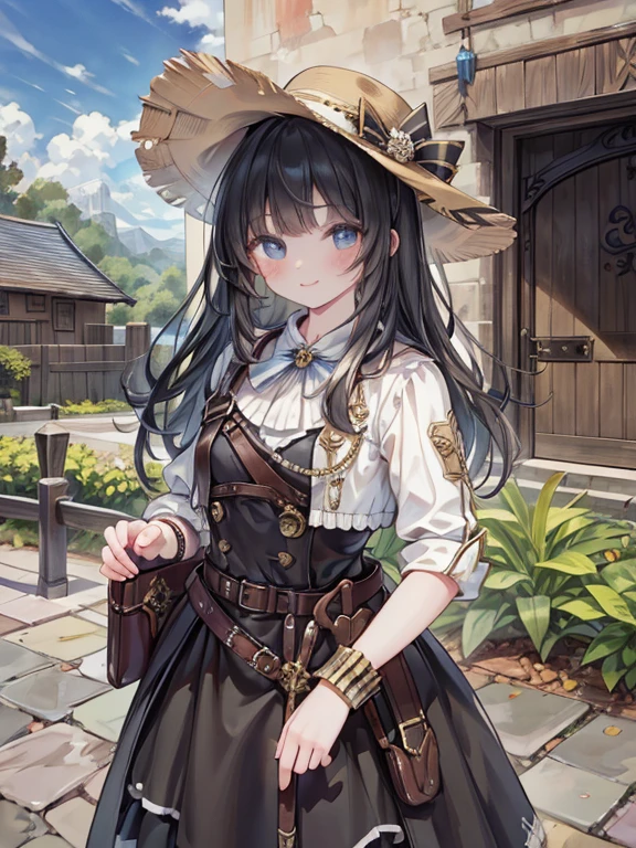 masterpiece, highest quality, Very detailed, 16k, Ultra-high resolution, Cowboy Shot, Detailed face, Perfect Fingers, -yeld gi smile, black eye, Black Hair, Long Hair, Western-style building, garden, musketeer