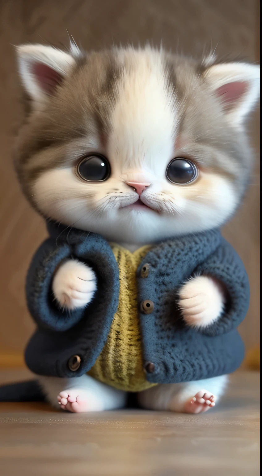 kitten in clothes, miniature kitten, Animal focus, bearded, Realistic, Gonzo hand, ambiguous background,smile,interesting、