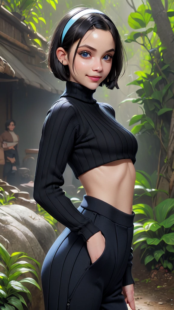 cropped sweater, midreiff, underboob, bob cut, large breasts, black hair, hairband, blue eyes, sweatpants, outdoors, mountain, nature, smile, lips, long sleeves, ribbed sweater, turtleneck sweater