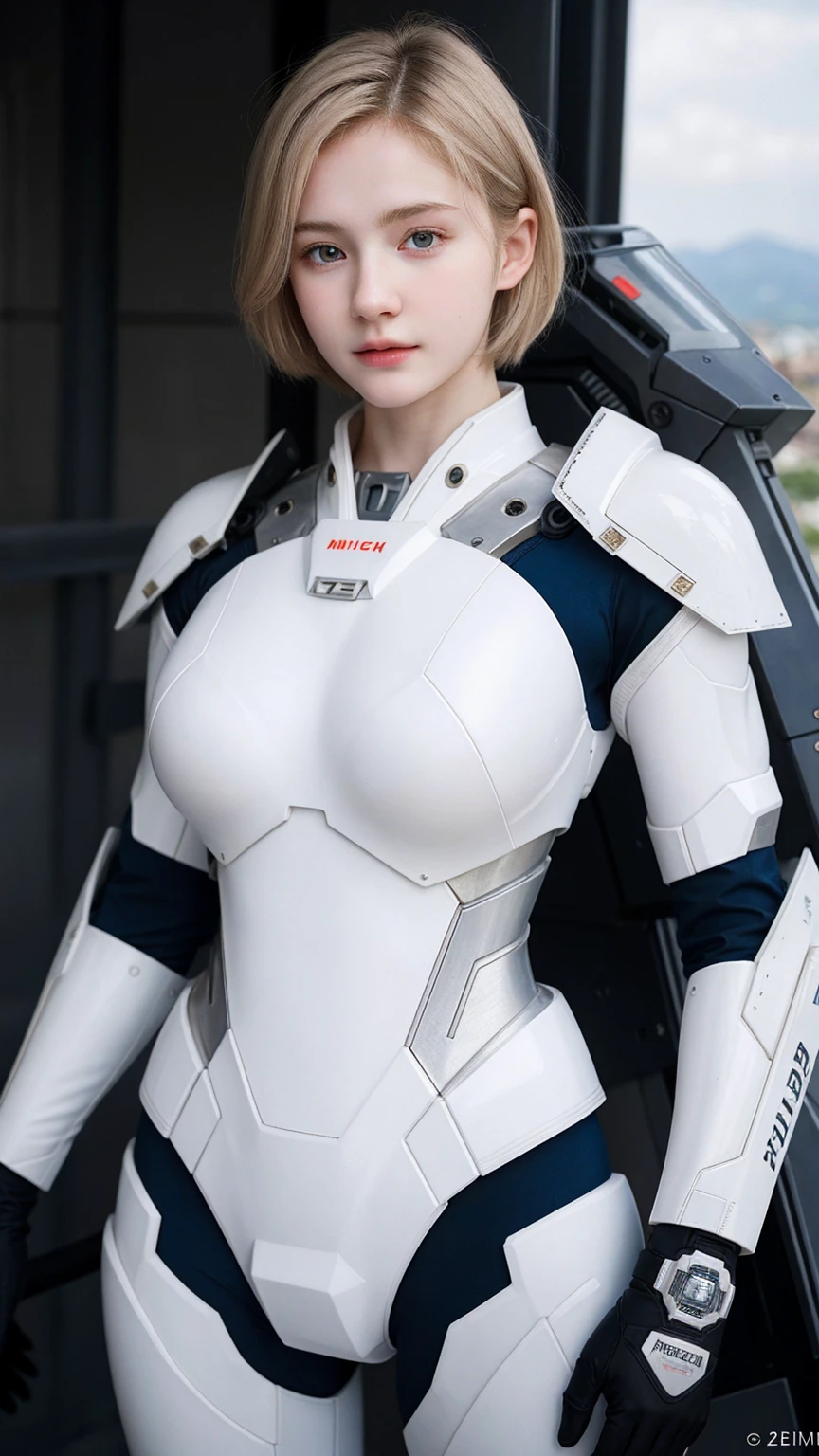 ((best quality)), photorealistic, photorealism, Photorealistic, high resolution, Beautiful, Baby Face, 17 Years Old, White Skin, pale skin, Medium breast, Combat pose, looking at the camera, (Detailed face), curtain hair, short hair, blonde hair, (wearing mecha bidysuit, mecha suit), (cloths color based on black), fullbody figure, fullbody shot, Fingers are occluded, concrete space ship background,