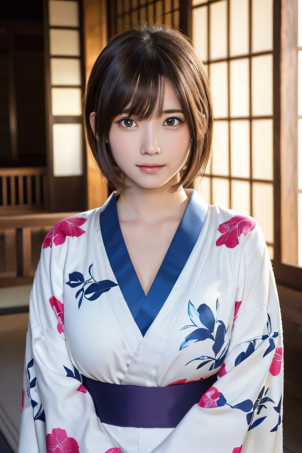 one girl, (a beauty girl, delicate girl:1.3), (16 years old:1.3), (:1.3), (slim body:1.5), 
break, (Kyoto, Kiyomizu Temple, large panorama:1.2),
break, (white floral print kimono:1.3),
break, very fine eyes, (symmetrical eyes:1.3),
break, small , brown eyes, parted bangs, brown hair, (upper teeth, best smile:0.2),
break, (eyes and faces with detailed:1.0),
break, (masterpiece, best quality, ultra detailed, detailed face, 8k)