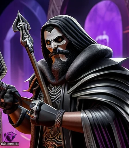 A morte com sua foice no ombro e seu capuz longde tecido degradado pelo tempo. Olhos com chamas roxo, e dentes afiados de caveira, he is the starting judge of the mystical card game