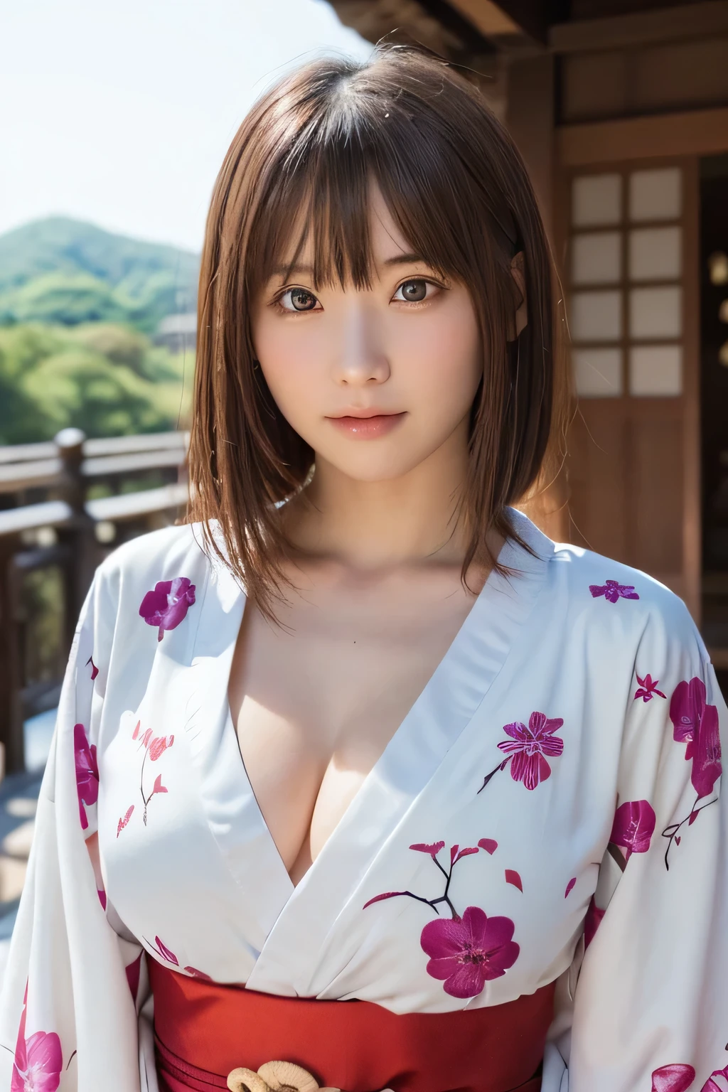 one girl, (a beauty girl, delicate girl:1.3), (:1.3), (large breasts:1.3), (slim body:1.5), 
break, (Kyoto, Kiyomizu Temple, large panorama:1.2),
break, (white floral print kimono:1.3),
break, very fine eyes, (symmetrical eyes:1.3),
break, small breasts, brown eyes, parted bangs, brown hair, (upper teeth, best smile:0.2),
break, (eyes and faces with detailed:1.0),
break, (masterpiece, best quality, ultra detailed, detailed face, 8k)