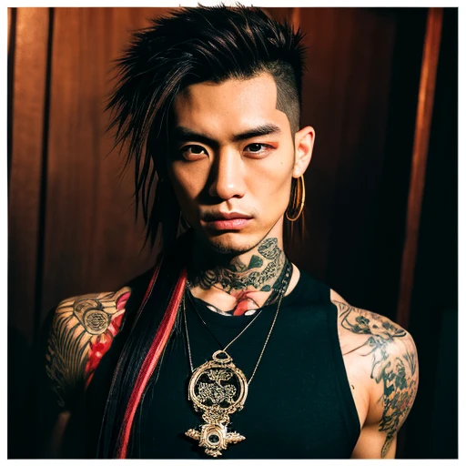 1 man, Japanese man, male, Asian eyes, muscular, broad shoulders, yakuza tattoos, hairstyle Visual Kei style, hair Visual Kei, black men's shirt and black pants, ultra detailed face, hyperrealistic, realistic representation, long hair, long hair, 30 years old, age 30 years, blond, blonde hair