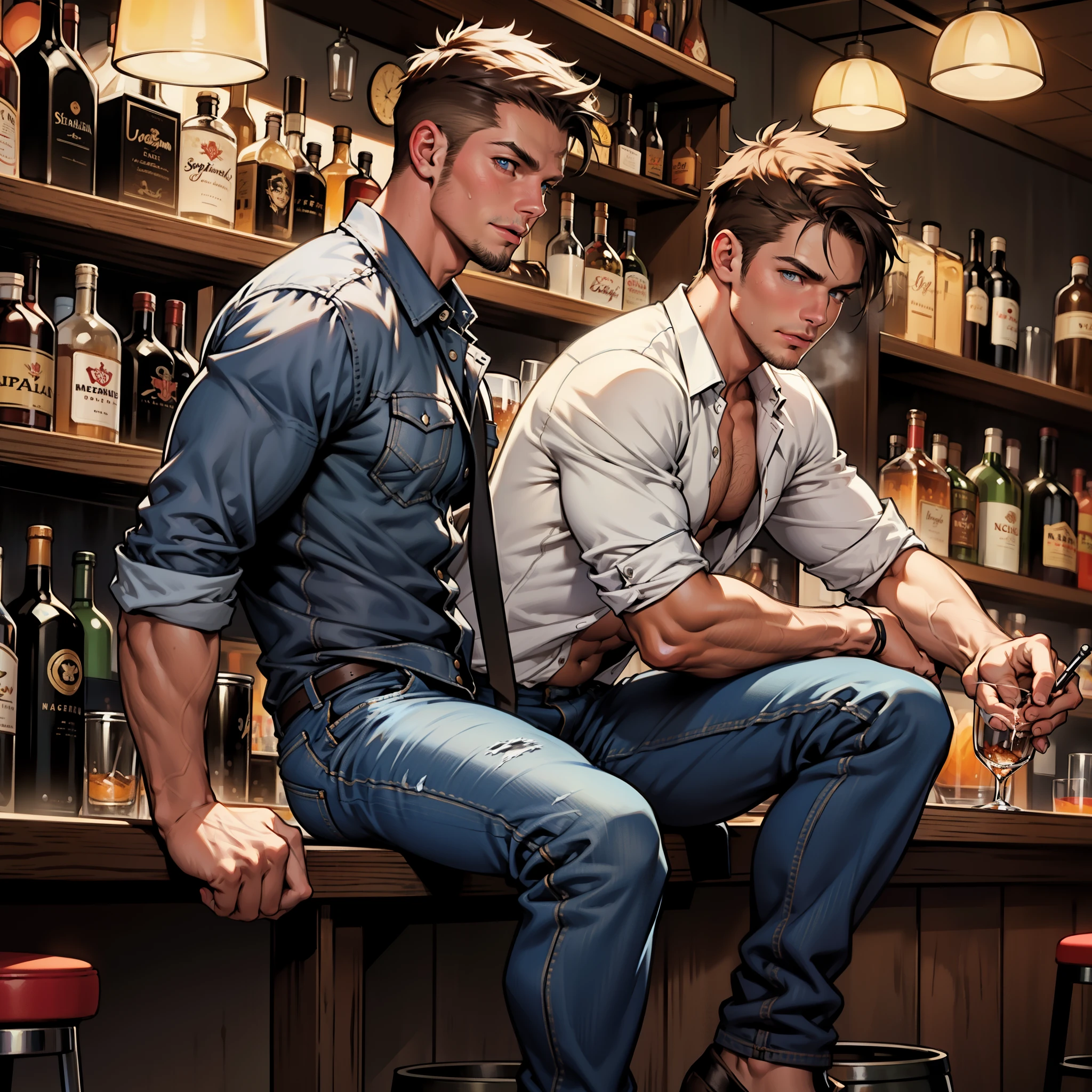 NSFW, gaysex of twosome , masterpiece , 8k , best quality ,very  very detailed face , natural eyes, 1man, young man, boy, muscled and mature, stephen amell sitting on a stool behind him a bar . wearing totally unbuttoned vintage jeans, showing his COCK , his nipples and muscles ,bartender behind the bar playing with stephen cock   , sweating,, , full body view , drinking a pitch of bear