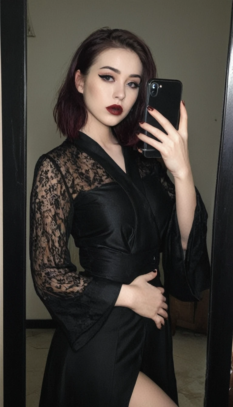 Hiper realistic and natural picture, girl taking a all body selfie in the mirror, wearing Black goth dress, Vintage style shirt covering breast and shoulders,  long-sleeved dress, kimono-style sleeves, long skirt, dark makeup, big eyeliner, full round lips, dark red lips, short black weavy hair, curvy thin thick body, beautful body, dark sexy look, short lenght hair 