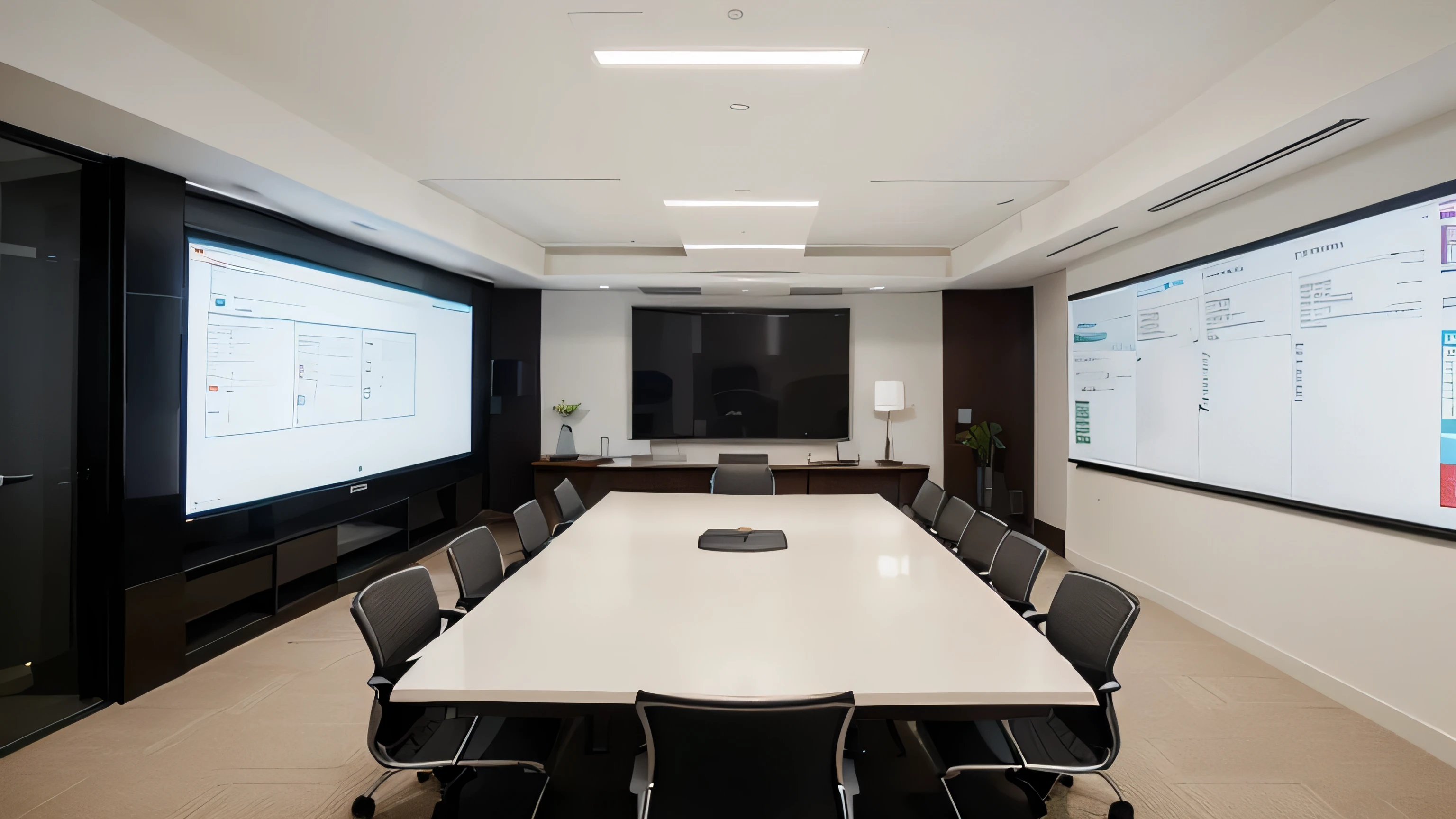 An elegant meeting room with a large conference table, laptops, a projector displaying graphics and data, and a wall of digital whiteboards. Formally dressed executives were discussing, with one of them presenting a report enthusiastically