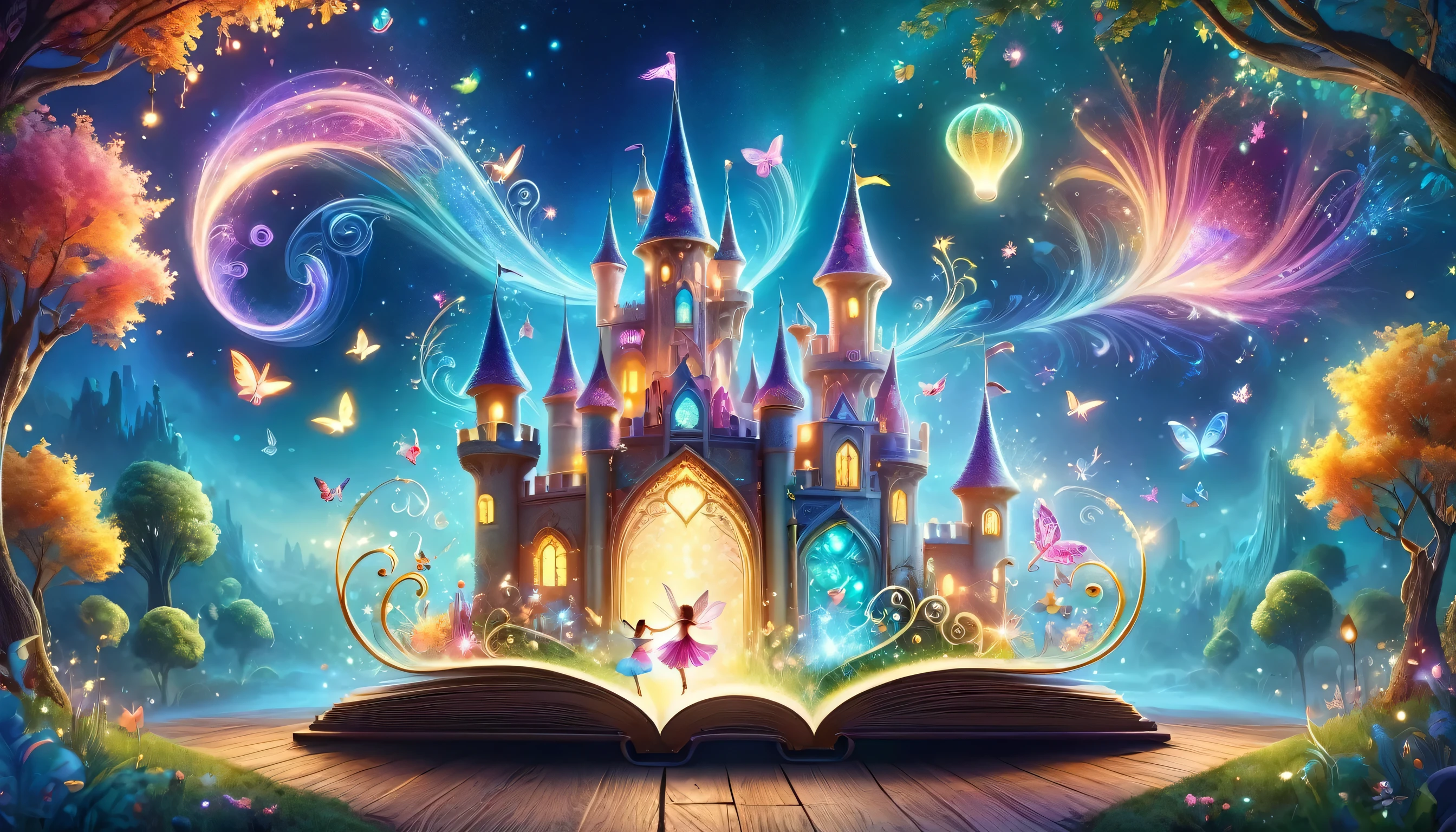 Create a fantastical and captivating background scene bursting with color and enchantment, perfect for kids. Show vibrant, imaginative characters dancing, singing, and telling stories in a whimsical, fairy-tale setting. Let this playful and mesmerizing world invite children to join the melody of the letters, making each one a delightful story that sparks their imagination and wonder.